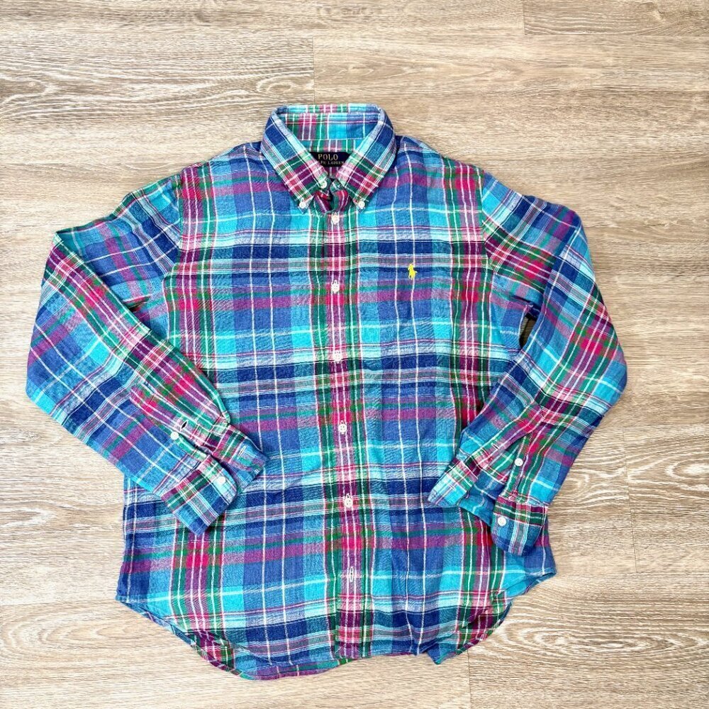 Polo Ralph Lauren Slim Fit 100% Linen Plaid Shirt Blue Red M